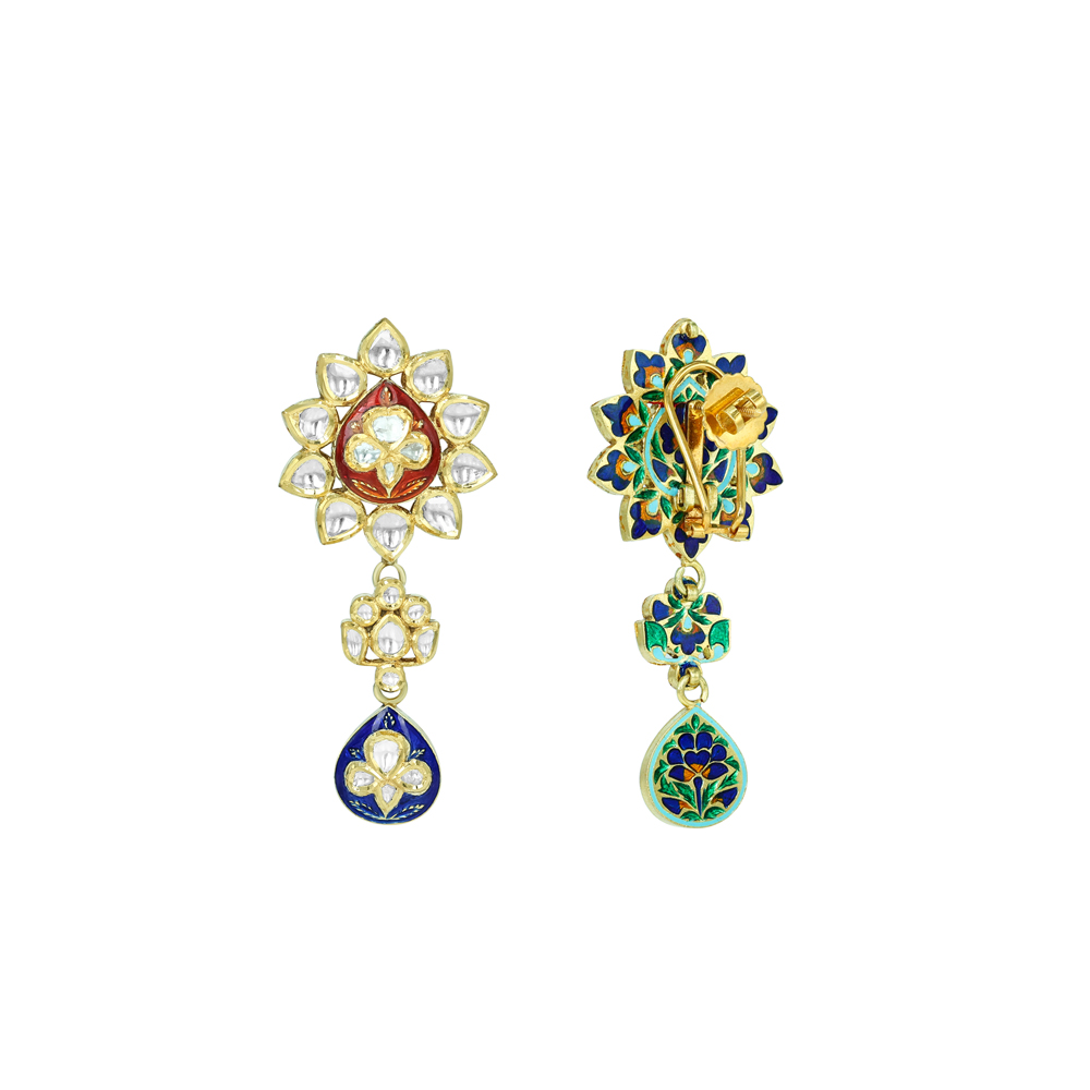 Floral Polki Earrings with Red and Blue Enamel
